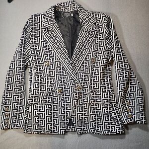 I Too Italy Women's Blazer‎ Black White Geometric NWOT Single Button Small